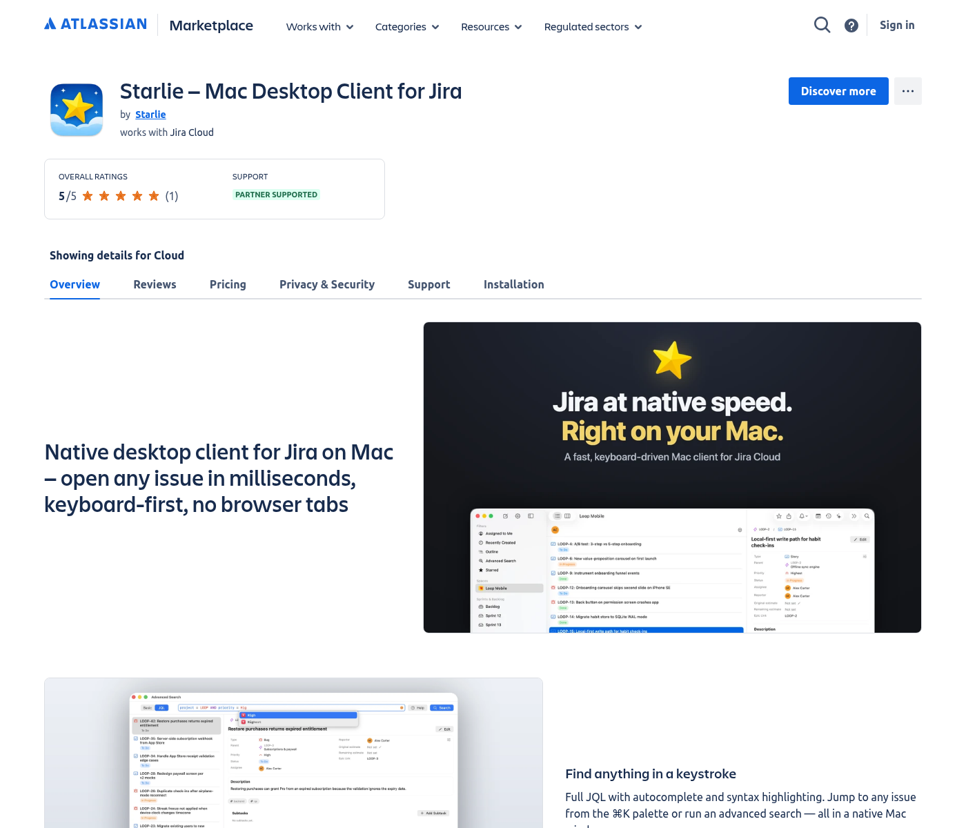 REAL: листинг Starlie Paid-via-Vendor на Atlassian Marketplace с кнопкой Discover more